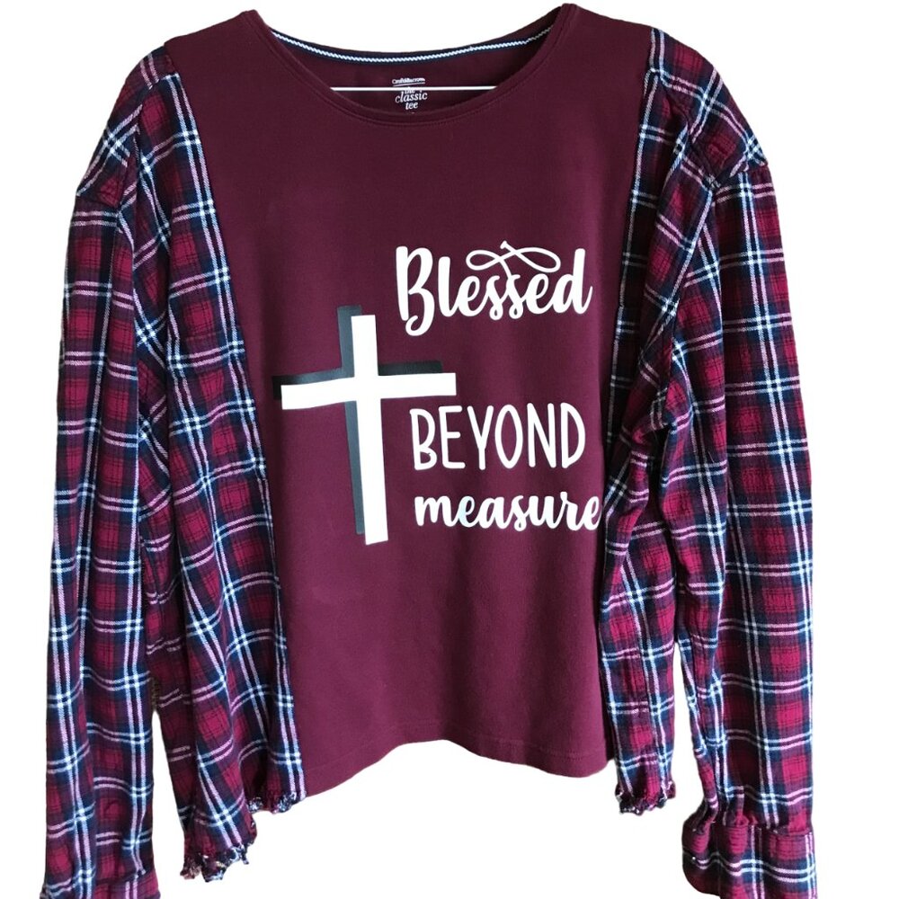 Upcycled Flannel Shirt, Reworked Inspirational Theme Graphic Tee, Size M-XL